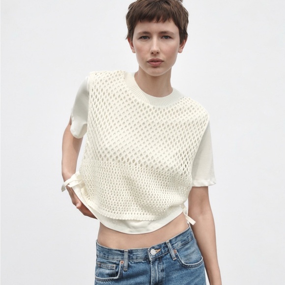 Zara METALLIC THREAD T-SHIRT VEST Size Small Embroidered Eyelet Top - Picture 1 of 10